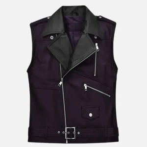 Chaleco de cuero genuino para hombre, estilo motociclista con capucha, diseño de solapa y cremallera diagonal, sin mangas, de piel de vacuno, servicio OEM, transpirable - Product Image 1