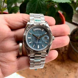 Montre automatique de qualité supérieure, édition limitée, style Hip Hop, avec lunette cannelée, cadran en marbre bleu, en acier inoxydable, modèle Président - Product Image 3