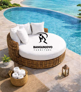 <b>Round</b> <b>Outdoor</b> Lounge Bed In All-Weather Wicker With White Pillows - Product Image 1