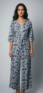 Mono de mujer azul con estampado floral, transpirable, de pierna ancha, cintura media, manga larga, informal, estilo bohemio, para verano, vacaciones, con cuello en V - Product Image 2