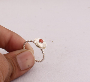 Artisan <b>Crafted</b> Red Coral Silver <b>Ring</b> Delicate Flower Petal Design Twisted Shank Bohemian Jewelry Custom Jewelry Manufactu - Product Image 3
