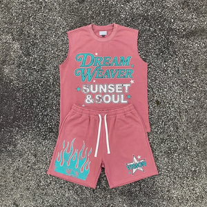 Heavy Weight Digital Print Sweat Shorts and T-shirt Set Custom 2 Piece Men's Acid Wash Sleeveless Streetwear T Shirt Shorts Set - Product Image 4