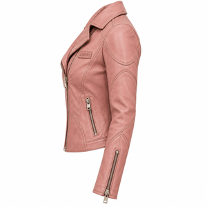 Chaqueta de Cuero Genuino de Cordero Rosa Polvoriento para Mujer, con Cremallera Diagonal, Solapa con Muescas, Ajuste Delgado, Estilo Biker - Product Image 4