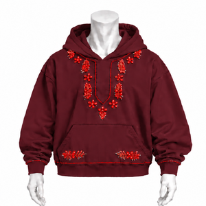 <b>Burgundy</b> Indus Embroidered Pullover <b>Hoodie</b> Floral Needlework Kangaroo Pocket Oversized Casual Streetwear Winter Sweatshirt - Product Image 1