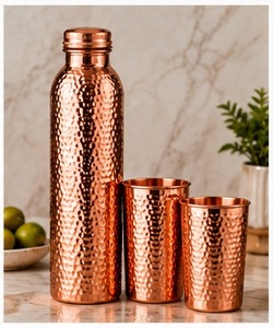 Designer Copper Water Bottle with Lid and <b>2</b> <b>Cups</b> Set Handcrafted Etched <b>Flask</b> Portable Drinkware - Product Image 3