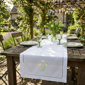 Wholesale Customized White 100% Cotton <b>Table</b> <b>Runners</b> Embroidered Tulip Flower Hemstitch <b>Runner</b> Washable Durable Home Events - Product Image 4