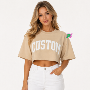 Camiseta Corta Beige para Mujer, con Estampado de Letras Personalizado, Cuello Redondo, Manga Corta, Corte Holgado, Informal, Primavera Verano, 100% Algodón Jersey - Product Image 1