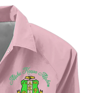 Veste rose à motif grec brodé AKA, chemise-veste décontractée boutonnée à manches longues pour femme - Product Image 5