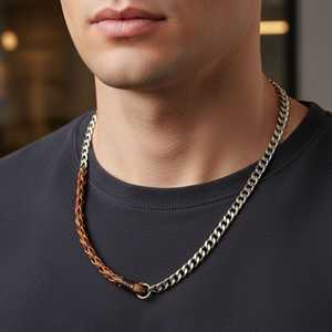 Collar con Eslabones Trenzados - Cadena de Acero Inoxidable Chapada en Oro con Cuerda de Cuentas Marrón Oscuro para Hombres y Niños, 17 Pulgadas - Product Image 1