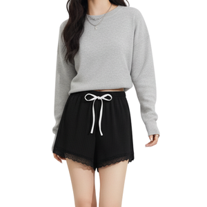 OEM ODM Women Ribbed Knit <b>Lace</b> Trim <b>Elastic</b> High Lightweight Breathable Quick Dry Fabric Lounge Shorts Private Label - Product Image 1