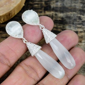 Natural White Monalisa Quartz Drop With Pear Shape Gemstone <b>Handmade</b> Stud <b>Earrings</b> 925 Sterling Silver - Product Image 2