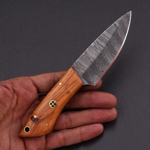 Damascus Steel Fixed Blade Skinner Knife Olive wood Handle with Leather Sheath Full Tang Hunting Camping Knife OEM - Product Image 2