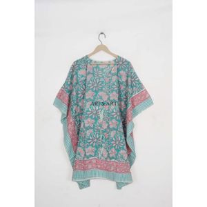 Kaftan en coton fait main imprimé au bloc pour femme, style bohème floral, tunique d'été confortable grande taille, robe de mariée, par-dessus maillot de bain - Product Image 3