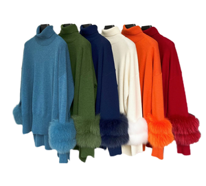 Suéter de cuello alto para mujer, jersey de punto de manga larga con puños de piel de zorro, color liso, top grueso de invierno - Product Image 1