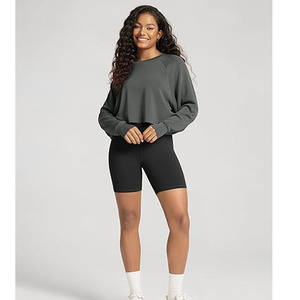 Sudadera con capucha para mujer, 100% algodón, cuello redondo, antipilling, transpirable, bordado sólido, otoño, hombros caídos, corte holgado y corto, hecha a medida - Product Image 6