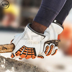 Premium Leather Work <b>Gloves</b> Reinforced <b>Knuckle</b> Finger Panels Orange Grip Workwear <b>Gloves</b> For Mechanic Workshop Industrial - Product Image 6