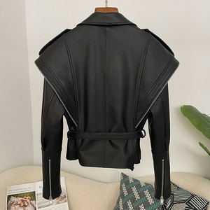 Veste en cuir PU unisexe, col en V, fermeture à demi-zip, longueur normale, style motard, vêtement d'hiver, à capuche, en fibre de bambou épaisse - Product Image 2
