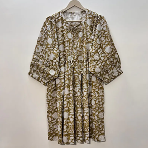 Vestido Casual Midi para Mujer, Tejido 100% Algodón, Liso, Manga Corta, Cintura Imperio, Estilo Babydoll, Cuello en V, Holgado, Origen India - Product Image 1