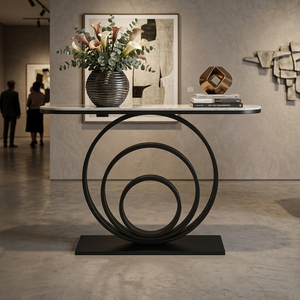 Luxury <b>Marble</b> Top <b>Console</b> <b>Table</b> Modern Black Metal Circle Base Entryway Hallway Accent <b>Table</b> Furniture - Product Image 1