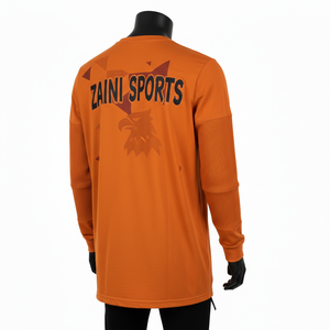 Camiseta deportiva de manga larga para hombre, 220 GSM, algodón y poliéster, color naranja quemado, paneles acanalados, estampado en serigrafía, logotipo personalizado. - Product Image 5