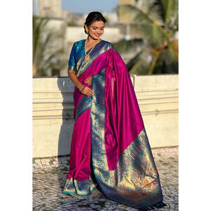 Sari en soie magenta Elite Weaves avec pallu Paithani et Kadiyal Zari tissé, sari ethnique pour soirée, réversible et extensible - Product Image 2
