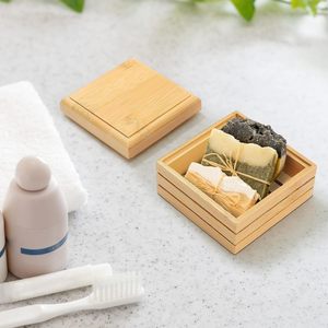 Bamboo Square <b>Soap</b> <b>Dish</b> Set of Four Minimalist Storage Box <b>with</b> <b>Lid</b> for Bathroom Use - Product Image 6