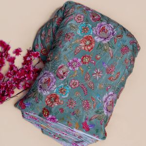 ผ้าไหมเครปสีเขียวเซจ ลายดอกโบตั๋นปักลายดอกไม้สไตล์ชนบท สำหรับชุดเคบายาในเอเชียตะวันออกเฉียงใต้และชุดเดรสสไตล์อังกฤษ - Product Image 1