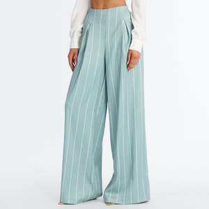 Pantalon large taille haute pour femme en satin bleu clair plissé, longueur intégrale, respirant, 100 % coton, élégant, coupe ample, idéal pour le printemps - Product Image 1