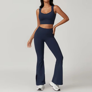 Ensemble de yoga 2 pièces pour femme, le plus vendu, couleur jaune unie, bretelles spaghetti, col rond, sans manches, coupe ajustée, taille haute élastique - Product Image 1