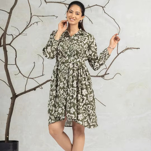 Vestido de mujer con cuello camisero y mangas abullonadas, estilo imperio, elegante, holgado, estampado, transpirable, para ocasiones especiales, venta al por mayor - Product Image 1