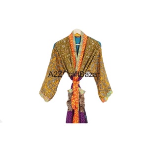 Robe de maternité en soie Vintage pour femmes Patchwork élégant indien Beach Party Robe recyclé été nuptiale vêtements de nuit-Sari col en v avant - Product Image 4