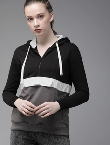 Sweat-shirt décontracté pour femme à blocs de couleur, à manches longues, avec fermeture éclair sur le devant, style automne, en mélange de coton tricoté, design respirant - Product Image 3