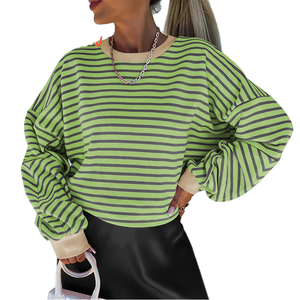 Sweat-shirt surdimensionné rayé à manches lanternes pour femme, col rond, tricoté, respirant, pour l'automne, manches longues, longueur normale - Product Image 6