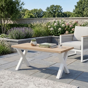Table basse rectangulaire mobile moderne à pieds croisés en teck massif, finition blanchie, modèle TAB23 pour salon - Product Image 6
