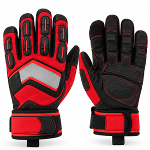 Gants de travail haute visibilité modernes et industriels, rouge et noir, à doigts entiers, paume texturée, avec sangle de poignet réglable, design personnalisé - Product Image 1