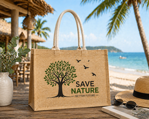 Bolsa de compras de yute laminado, ecológica, grande, reutilizable, con logotipo personalizado, resistente, al por mayor, promocional. - Product Image 5