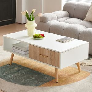 Tavolino da Caffè Moderno Bianco Rettangolare con Gambe in Legno Massello e Cassetto Scorrevole per Soggiorno - Product Image 4