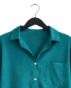 Ensemble deux pièces en lin bleu sarcelle pour femme : chemise à manches longues boutonnée et pantalon large à taille élastique – Tenue décontractée et confortable - Product Image 4