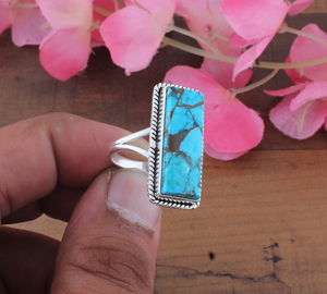 925 Sterling <b>Silver</b> Natural Blue Copper Amethyst Women's Classic Long Rectangle Matrix Stone Twisted Rope Border <b>Statement</b> <b>Ring</b> - Product Image 2