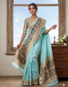 Sari en soie pure Paithani pour femmes K V INTERNATIONAL (bleu clair) - Design traditionnel, sans plis, réversible, séchage rapide, fabriqué en Inde - Product Image 5
