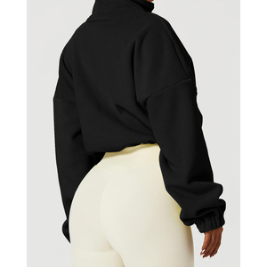 Sudadera Corta Oversize de Forro Polar Negro para Mujer con Cremallera, Cuello Alto, Hombros Caídos, Manga Larga, Color Sólido, Ideal para Otoño, Alta Demanda - Product Image 5
