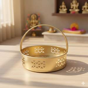 Cesta de Metal para Pooja con Asa, Dalia Dorada para Templo, Hogar, Mandir, Ofrenda Tradicional de Flores y Prasad - Product Image 3