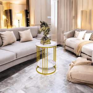 Mesa Auxiliar Redonda con Tapa de Madera y Estructura de Metal Dorado para Sala de Estar, Dormitorio, Oficina, Mueble de Acento Moderno y Elegante, Duradero - Product Image 1