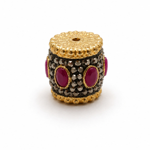 Perles intercalaires ovales en laiton plaqué or émaillé, forme Dholak, avec pierre rose, pour la fabrication de bijoux (colliers, bagues) - Vente en gros - Product Image 1