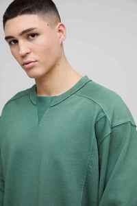 เสื้อสเวตเชิ้ตคอกลมสีเขียวมะกอกทรงโอเวอร์ไซส์สำหรับผู้ชาย ทรงปกติ สวมใส่สบายๆ ในฤดูใบไม้ร่วง ผ้าถักเฟรนช์เทอร์รี่ สีพื้น แขนยาว - Product Image 5