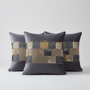 Beaded Square Design Grey Velvet Cushion Covers Luxury Decorative <b>Throw</b> Pillow Case Factory Direct Exporter Bulk Custom Size - Product Image 1