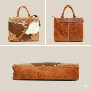 Hand Tooled Hair-On Genuine Leather Tote Bag | Western Floral Cowhide Briefcase with Strap | Stylish Designer Laptop Office Bag - Product Image 4
