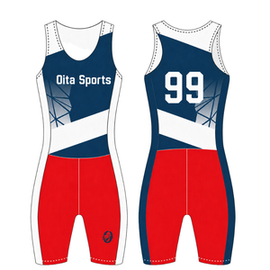 Maillot de compétition de rowing bleu marine et rouge pour homme, sans manches, uniforme de performance, singlet de course, personnalisable, vente en gros pour équipes sportives - Product Image 1