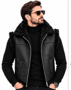 <b>Men's</b> Black <b>Leather</b> Sherpa Lined Vest Zip fur turn down caller <b>Waistcoat</b> Windproof - Product Image 1