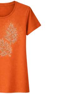 Camiseta de Algodón para Mujer Color Naranja Quemado con Estampado Floral de Pedrería, Top Casual de Manga Corta para Verano, Fabricante Personalizado, Suministro de Fábrica OEM - Product Image 4